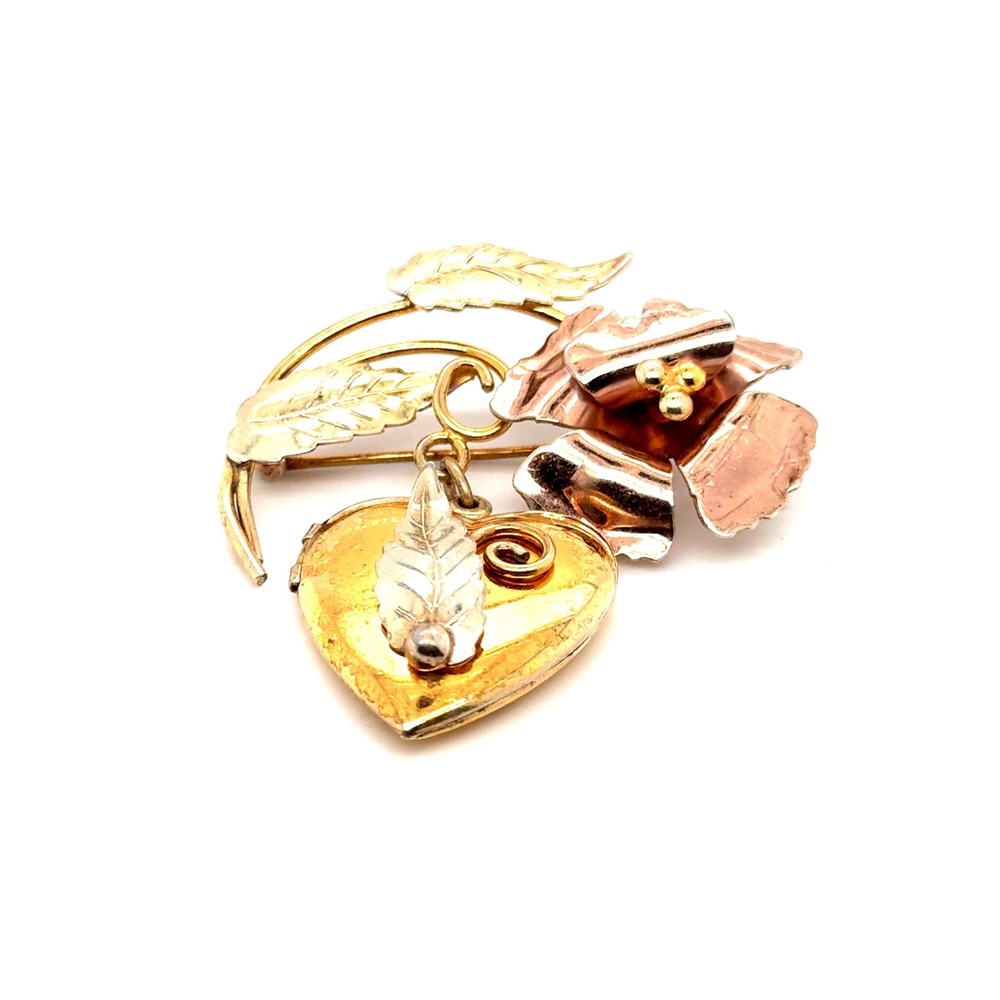 Vintage Tri-Color 12K Gold Filled Flower Heart Locket Brooch Pin Mixed Metal